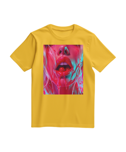 Camiseta amarela Cherry Glaze da Camalestore com estampa de cereja, vestuário casual de manga curta e tecido confortável