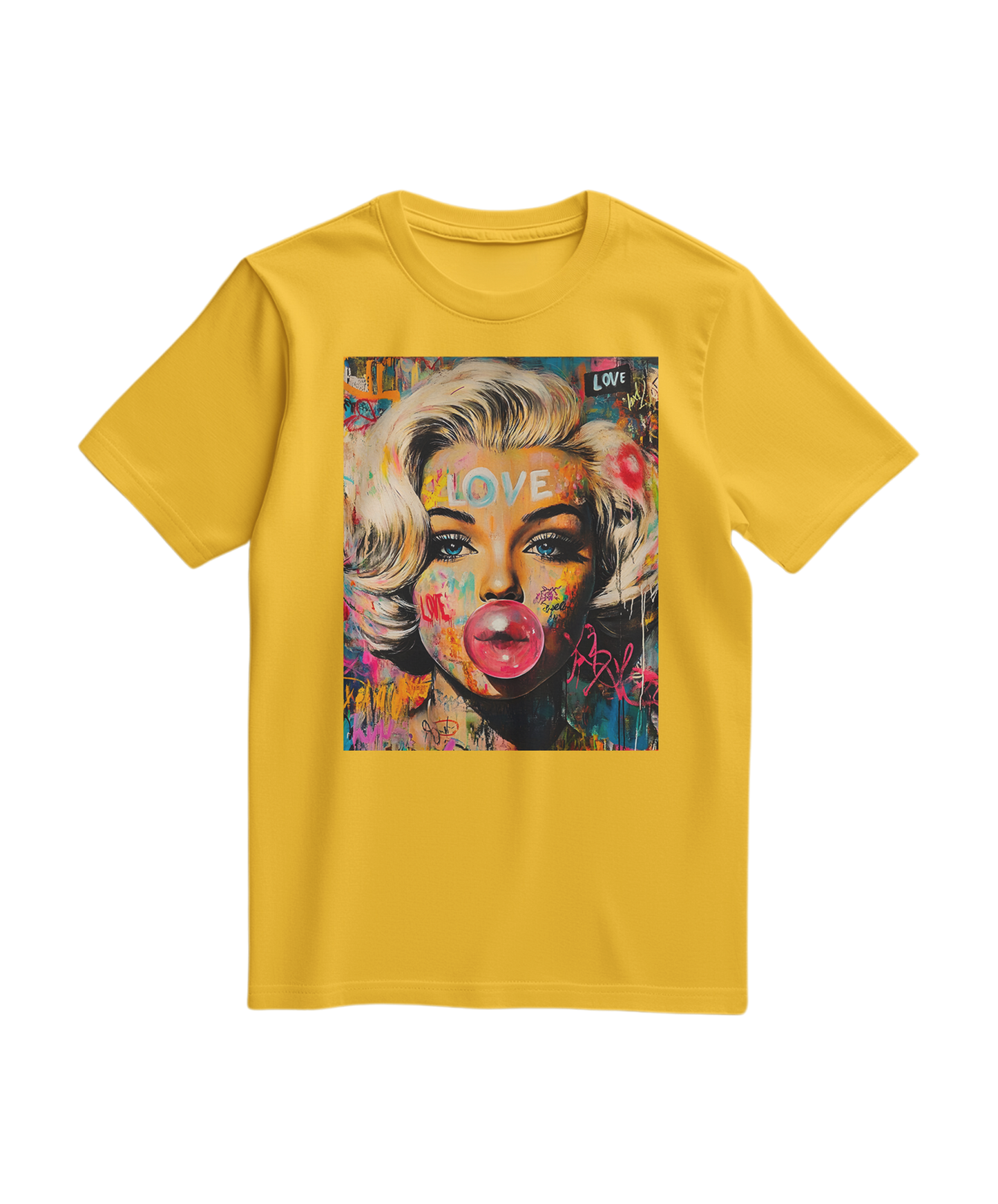 Camiseta Marilyn Pop Rebel amarela, de algodão, com estampa de arte pop, da marca Camalestore, em vista frontal.