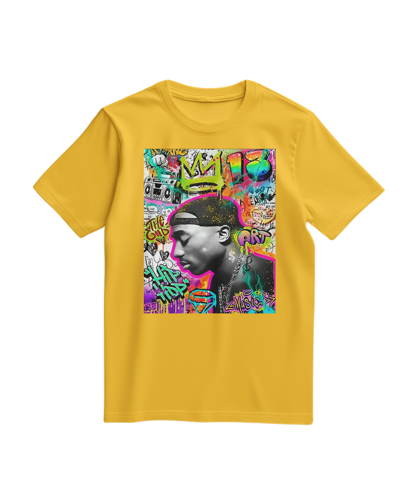 Camiseta amarela Camalestore com estampa de graffiti de coroa, modelo casual de manga curta e gola redonda.