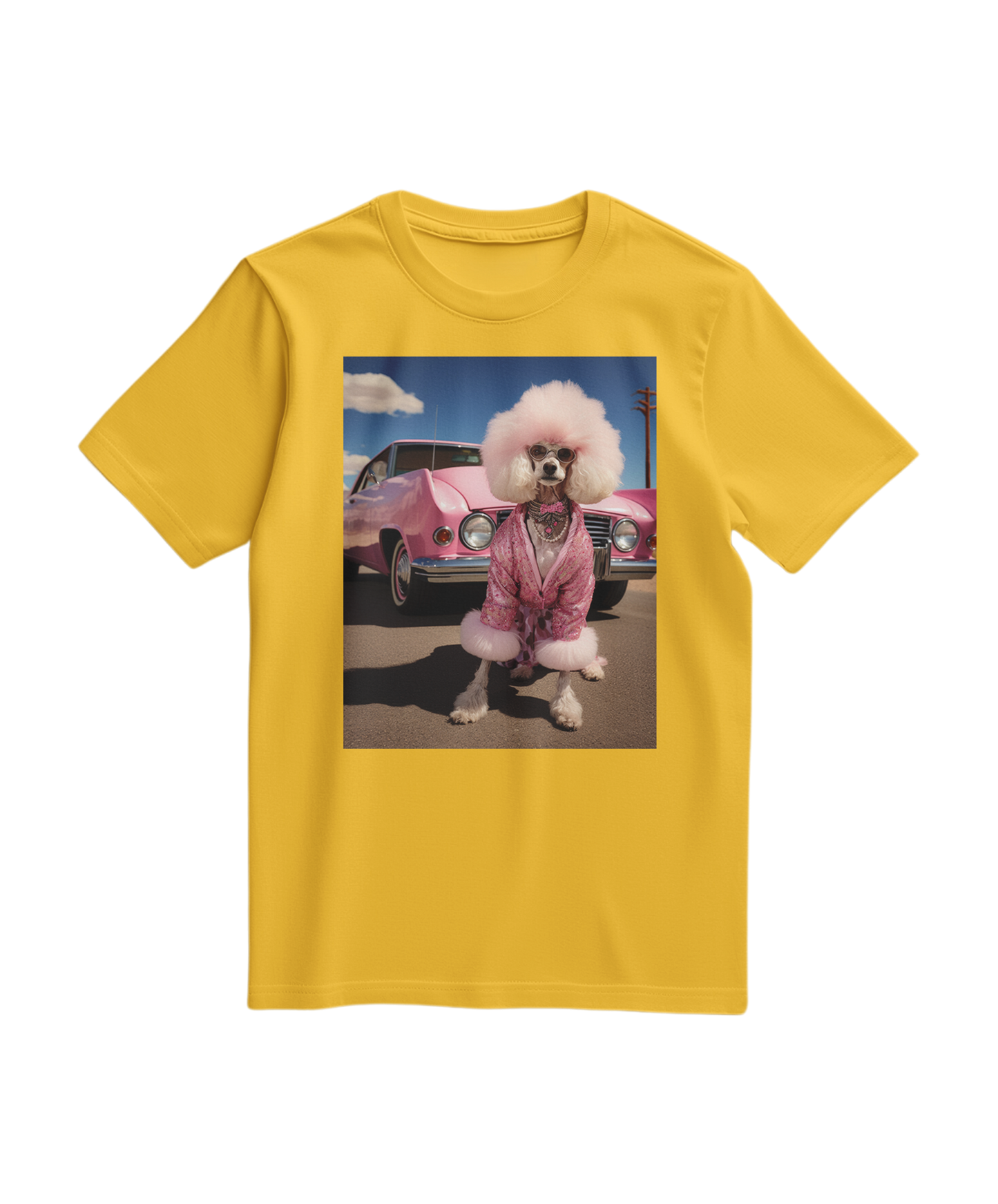 Camiseta amarela Dream Ride da Camalestore, camiseta casual com estampa de desenho de estrada e céu.