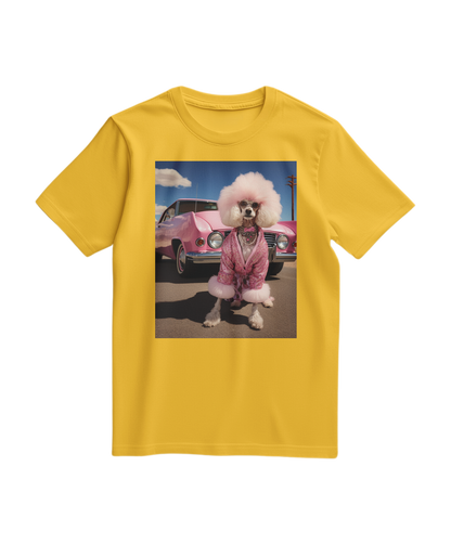 Camiseta amarela Dream Ride da Camalestore, camiseta casual com estampa de desenho de estrada e céu.