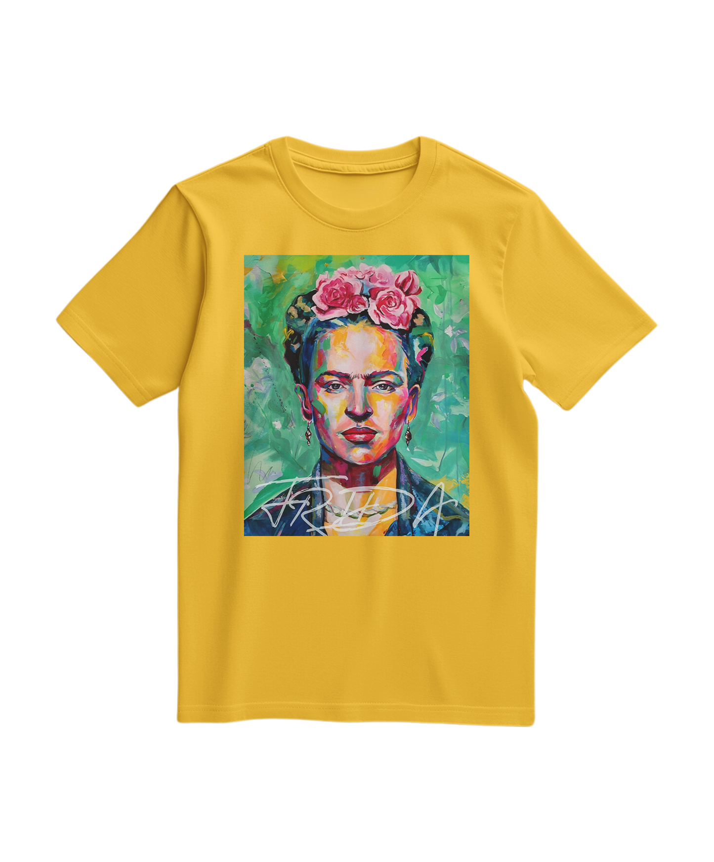 Camiseta Kahlo Chromatic amarela da Camalestore, com estampa artística e design confortável, vista de frente.
