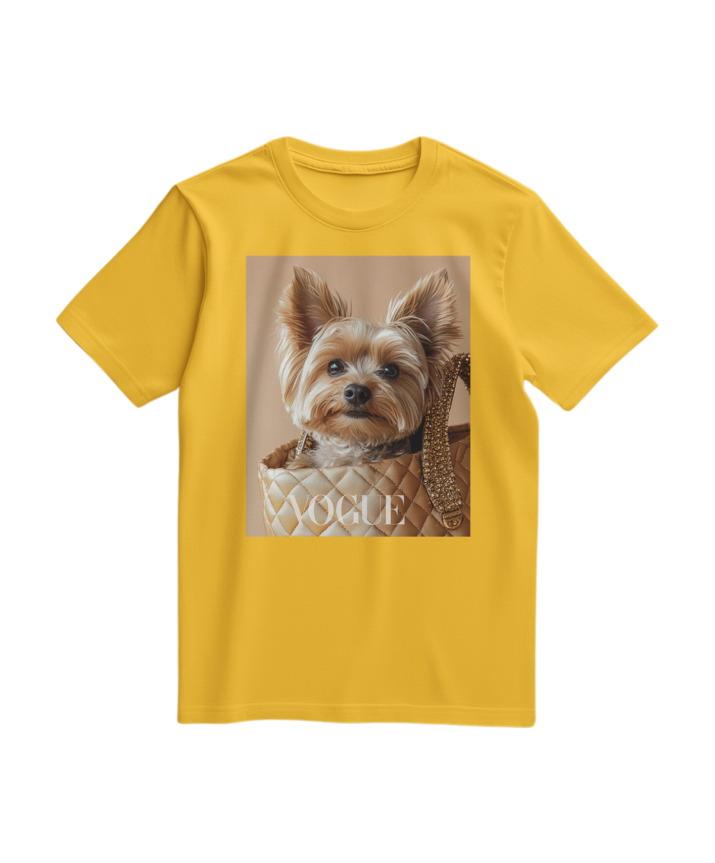 Camiseta amarela Yorkie Muse da Camalestore, camiseta de algodão com estampa de cachorro Yorkie, vista frontal sobre fundo branco.