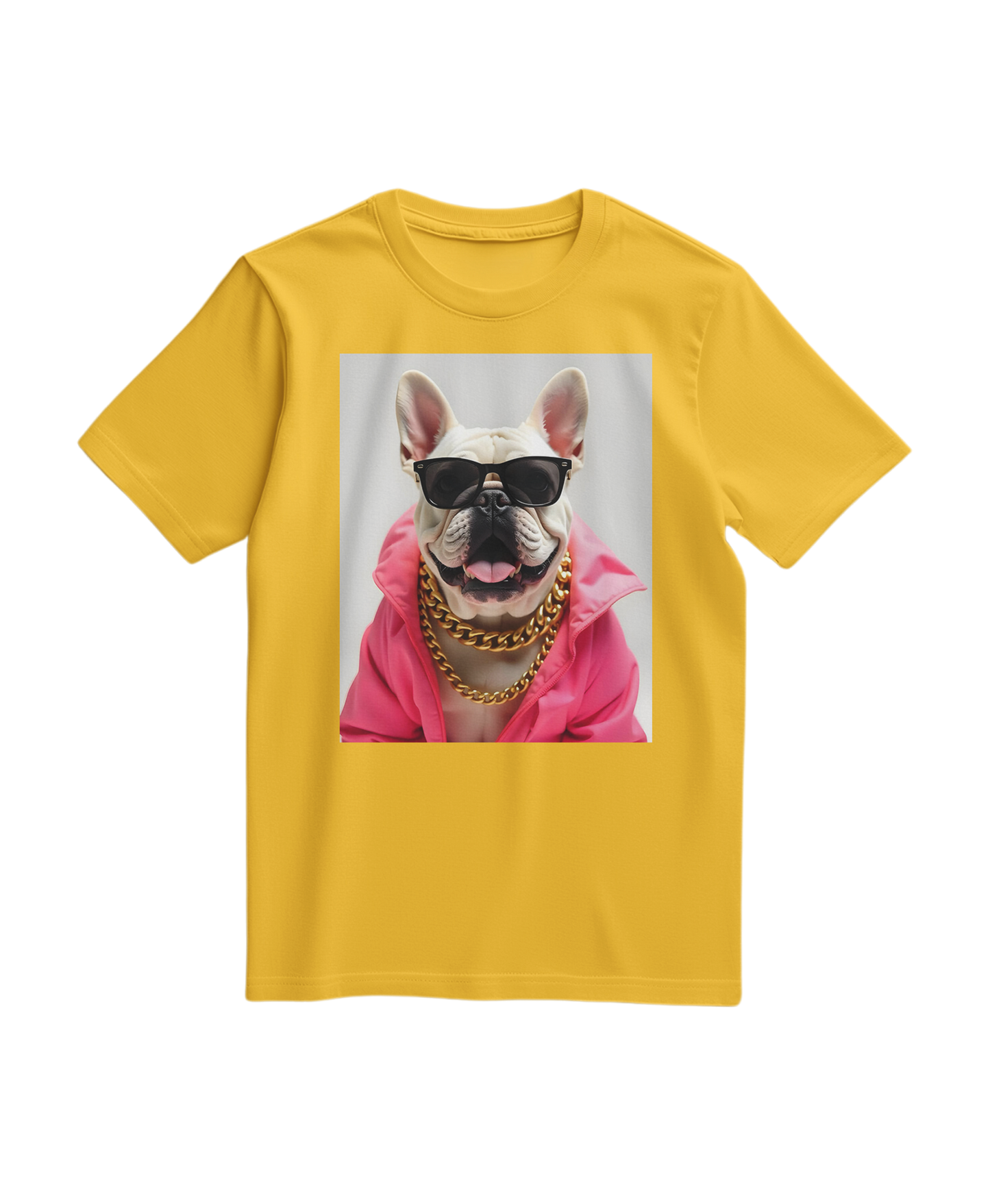 Camiseta Bulldog Azure Pop da Camalestore, com estampa colorida de cão bulldog na frente, em tecido amarelo vibrante.