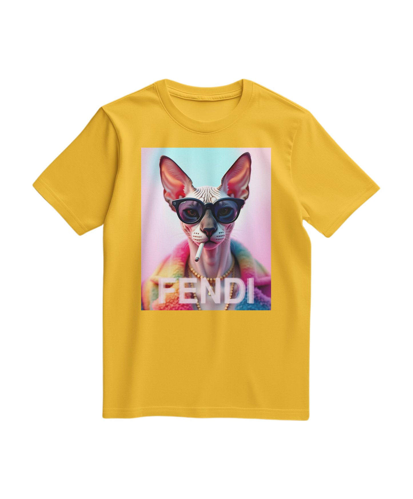 Camiseta amarela Sphynx Prism da Camalestore, com estampa de gato Sphynx e design colorido, vista frontal.