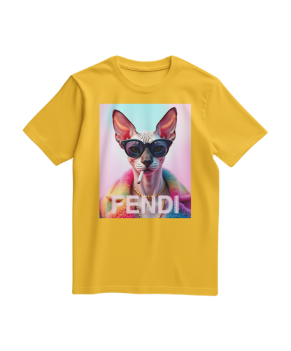 Camiseta amarela Sphynx Prism da Camalestore, com estampa de gato Sphynx e design colorido, vista frontal.