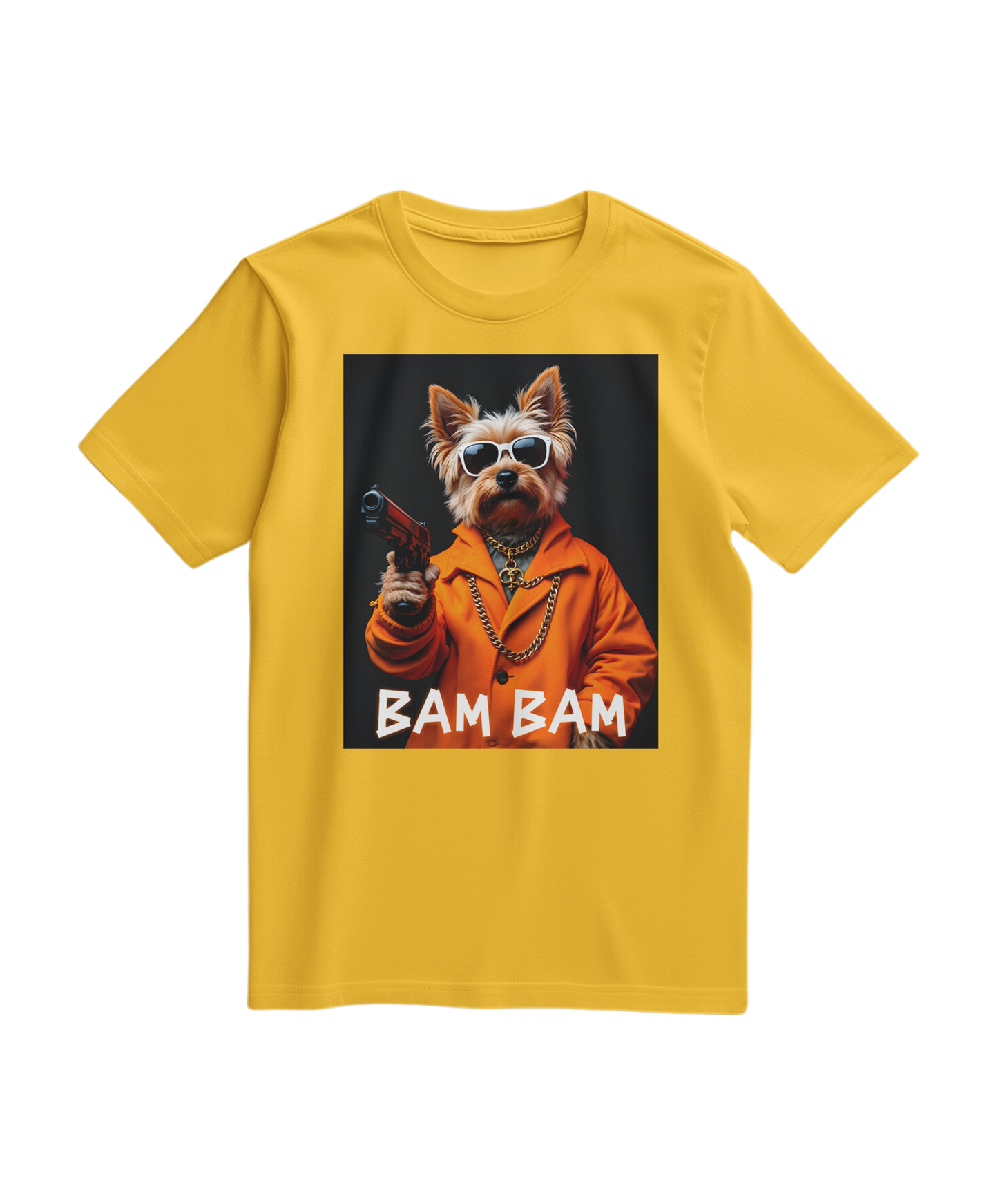 Camiseta amarela Bam Bam Gangster da Camalestore, com estampa de personagem e detalhes visíveis na imagem.