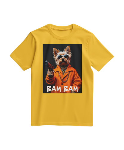 Camiseta amarela Bam Bam Gangster da Camalestore, com estampa de personagem e detalhes visíveis na imagem.