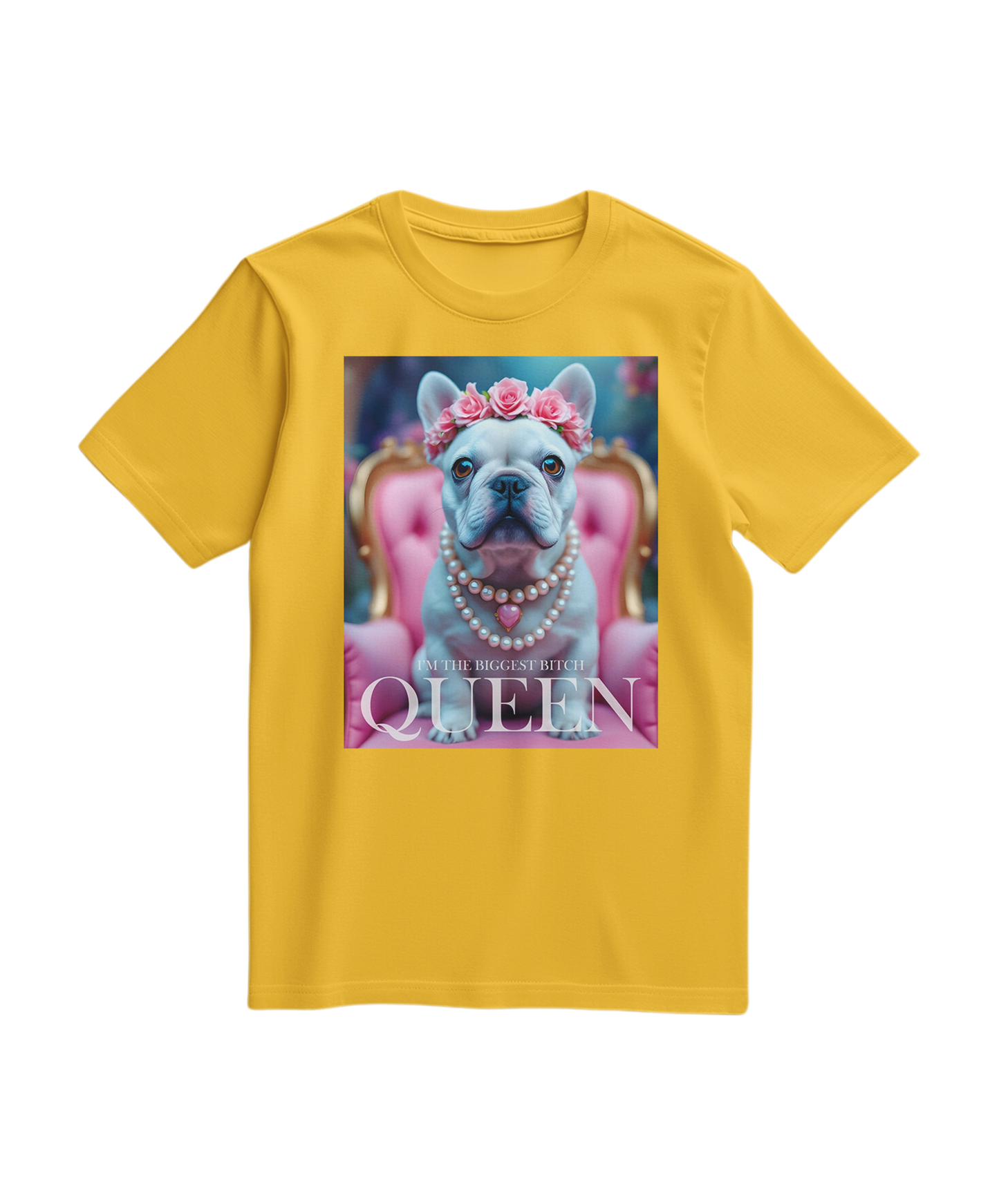 Camiseta amarela Frenchie Queen da Camalestore com estampa de cachorro French Bulldog e detalhes de moda.