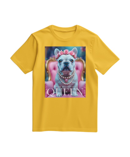 Camiseta amarela Frenchie Queen da Camalestore com estampa de cachorro French Bulldog e detalhes de moda.