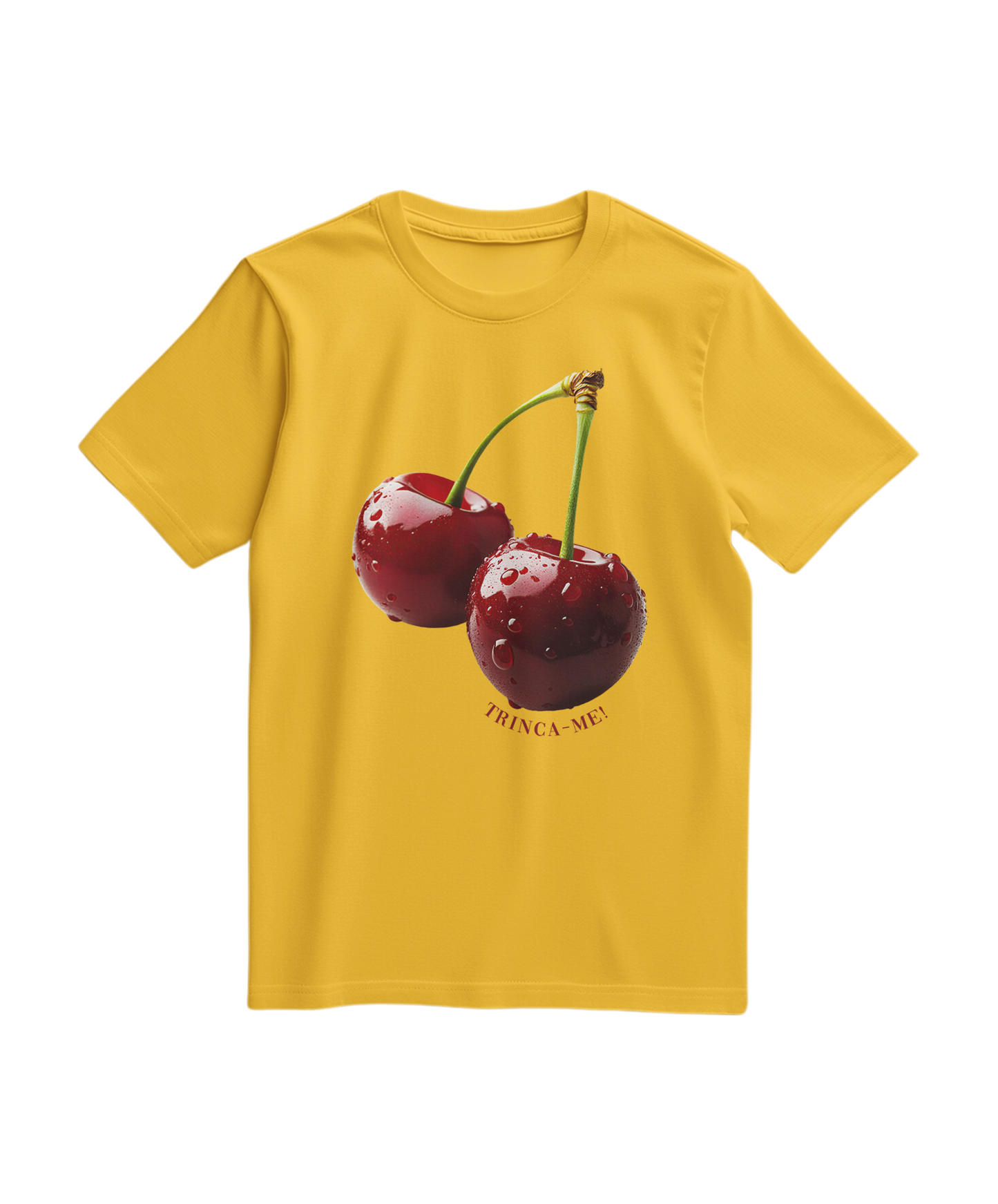 Camiseta amarela Camalestore Cherry Bite Me com estampa de cereja mordida, vista frontal, tecido confortável.