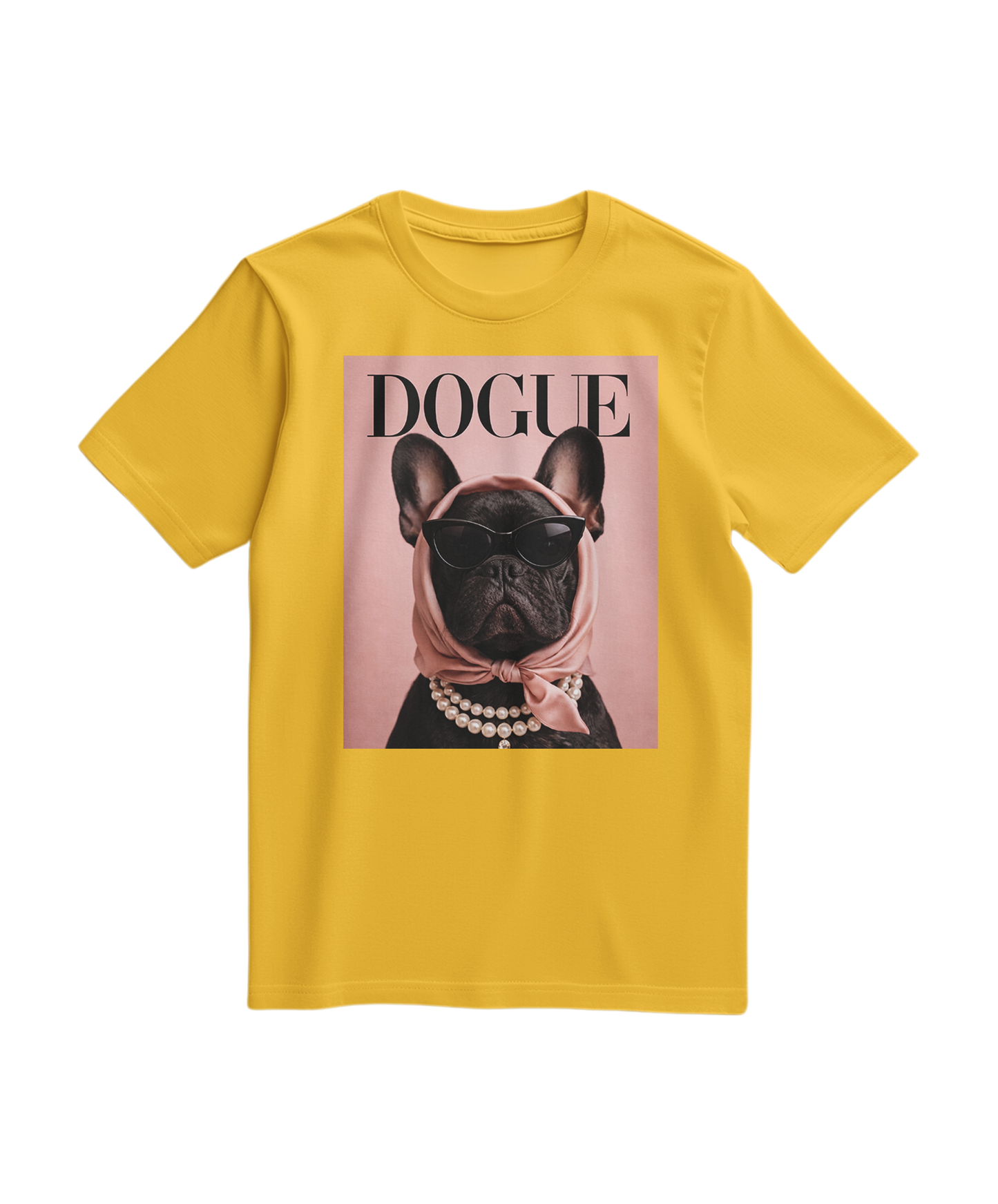 Camiseta amarela The Frenchie Muse da Camalestore, com estampa de um French Bulldog, vista frontal em tecido de algodão.