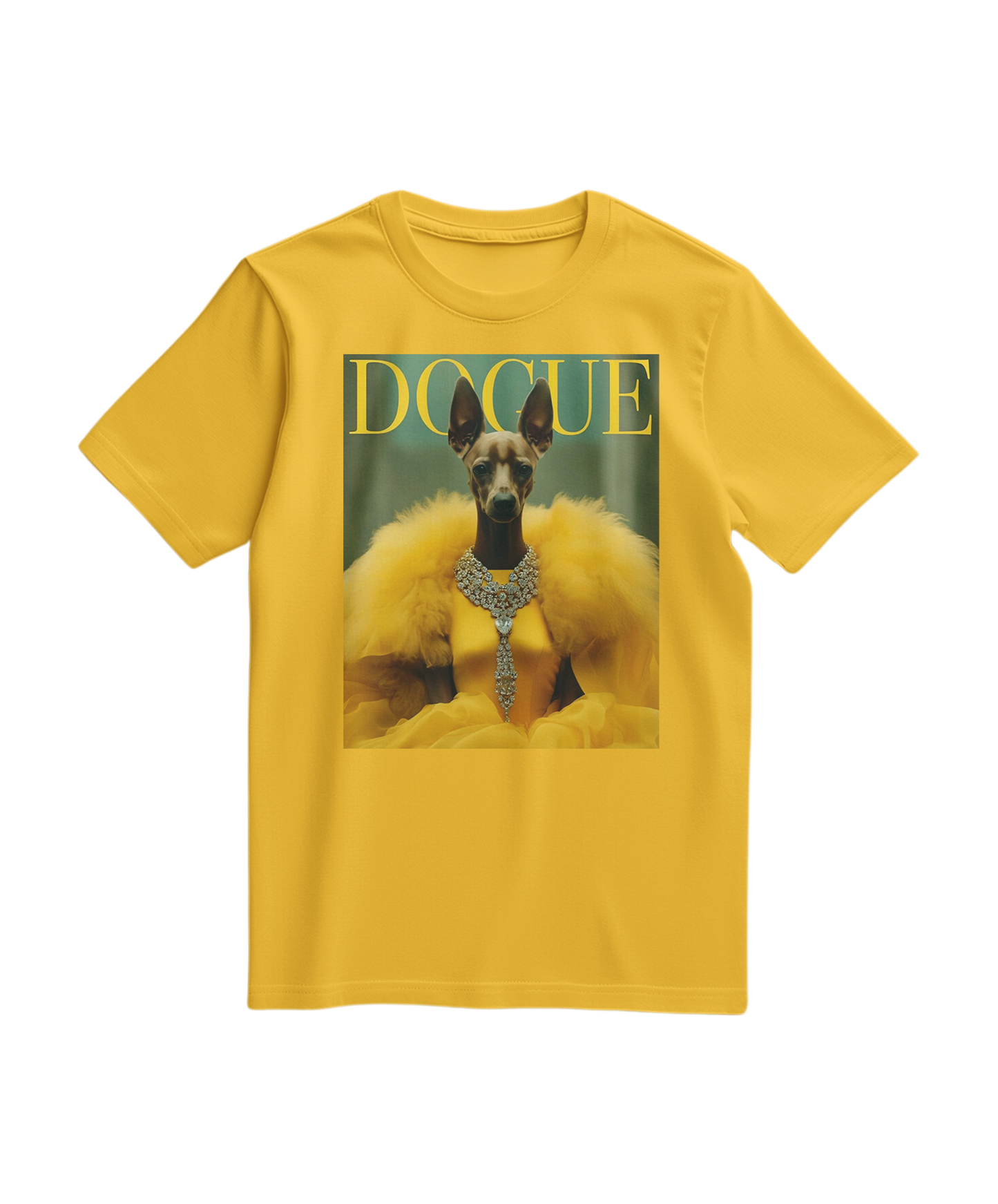 Camiseta amarela Dogue Majestic da Camalestore, t-shirt masculina com estampa de cachorro Majestic, vista frontal.