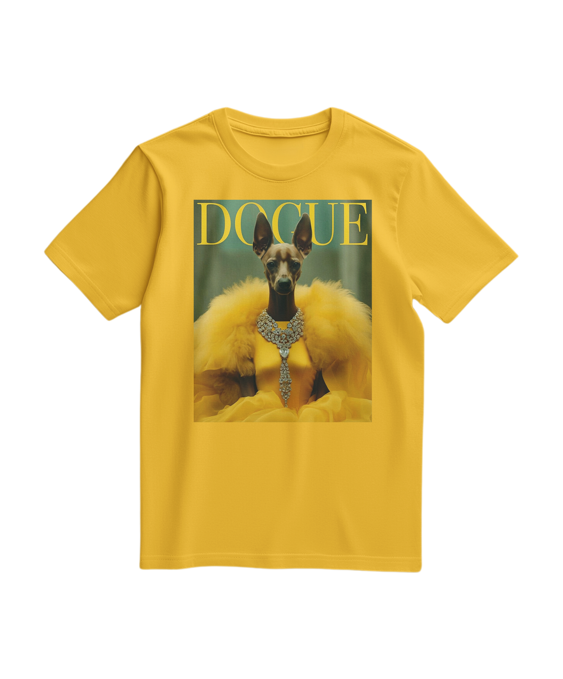 Camiseta amarela Dogue Majestic da Camalestore, t-shirt masculina com estampa de cachorro Majestic, vista frontal.