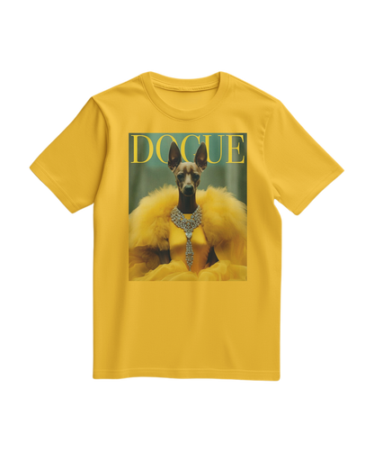 Camiseta amarela Dogue Majestic da Camalestore, t-shirt masculina com estampa de cachorro Majestic, vista frontal.