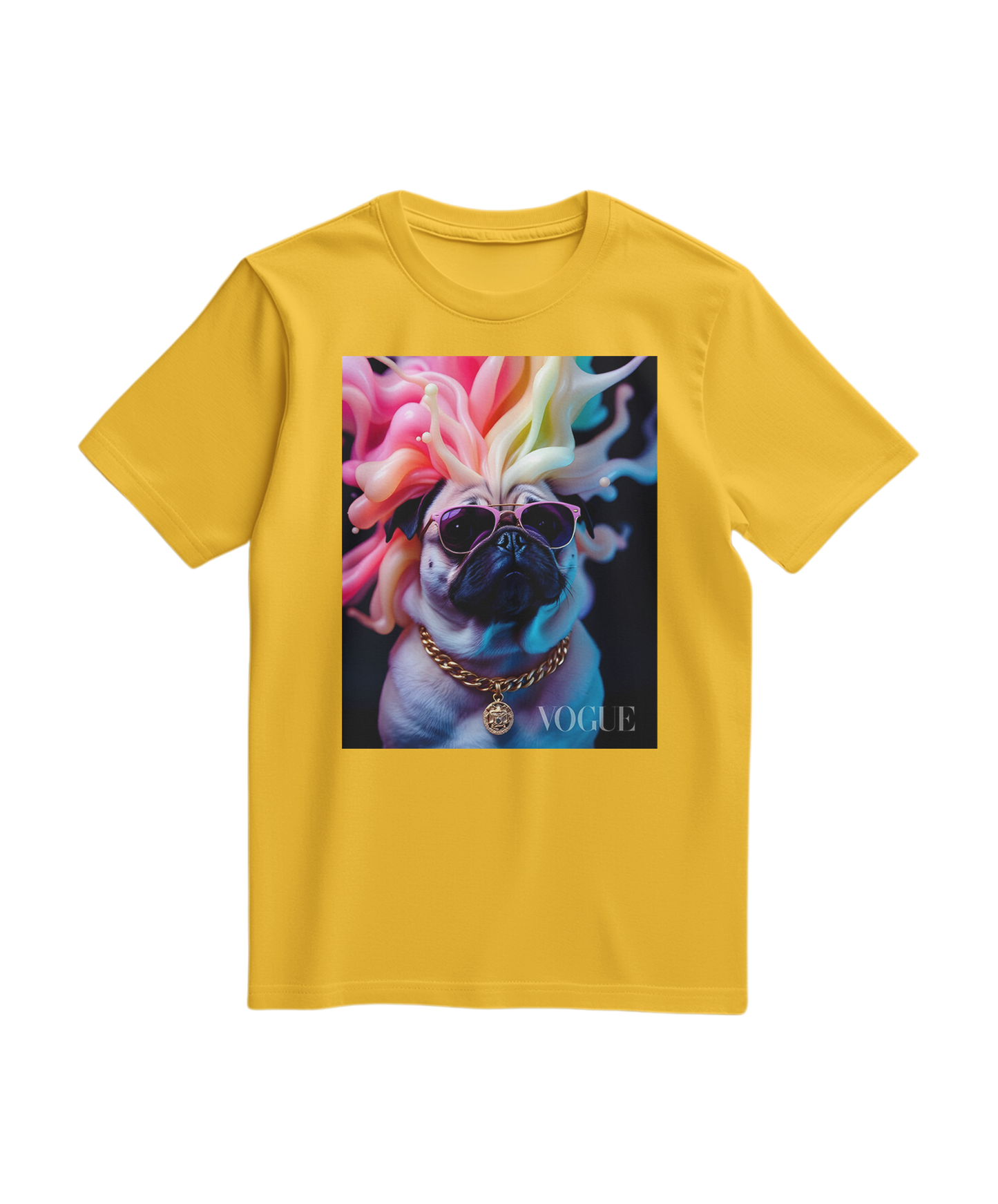Camiseta Pug Chromatic Elite amarela da Camalestore, com estampa do cachorro na frente, vista frontal.