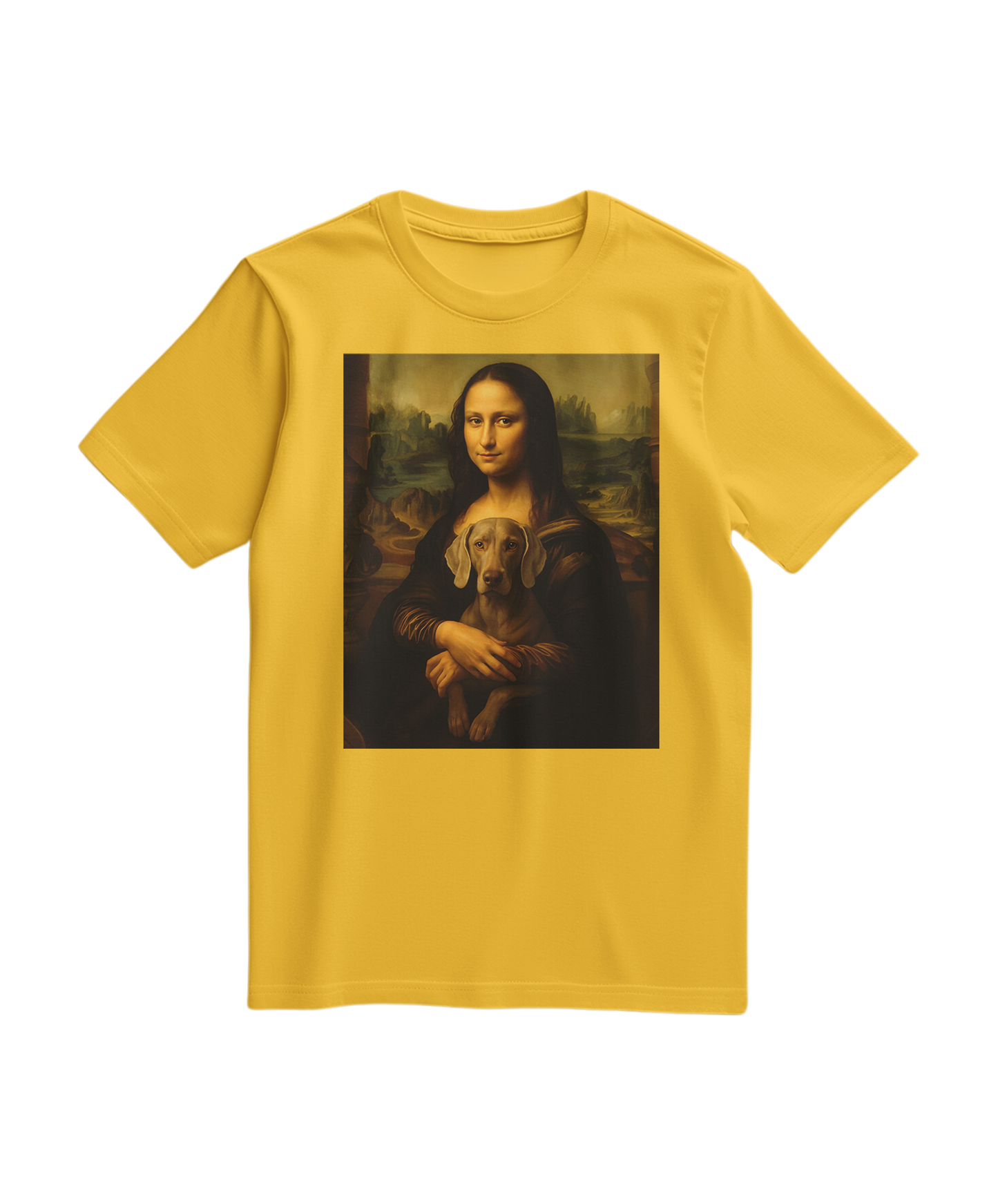 Camiseta amarela Mona Wei da Camalestore, com estampa colorida e design casual, exibida em fundo branco.