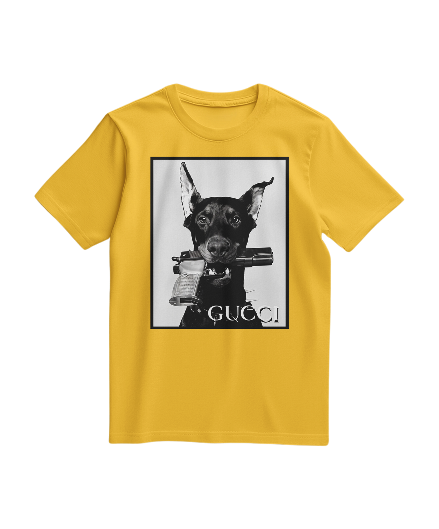 Camiseta amarela Dog Amunition da Camalestore, camiseta casual com estampa de cachorro e detalhes visíveis na imagem.
