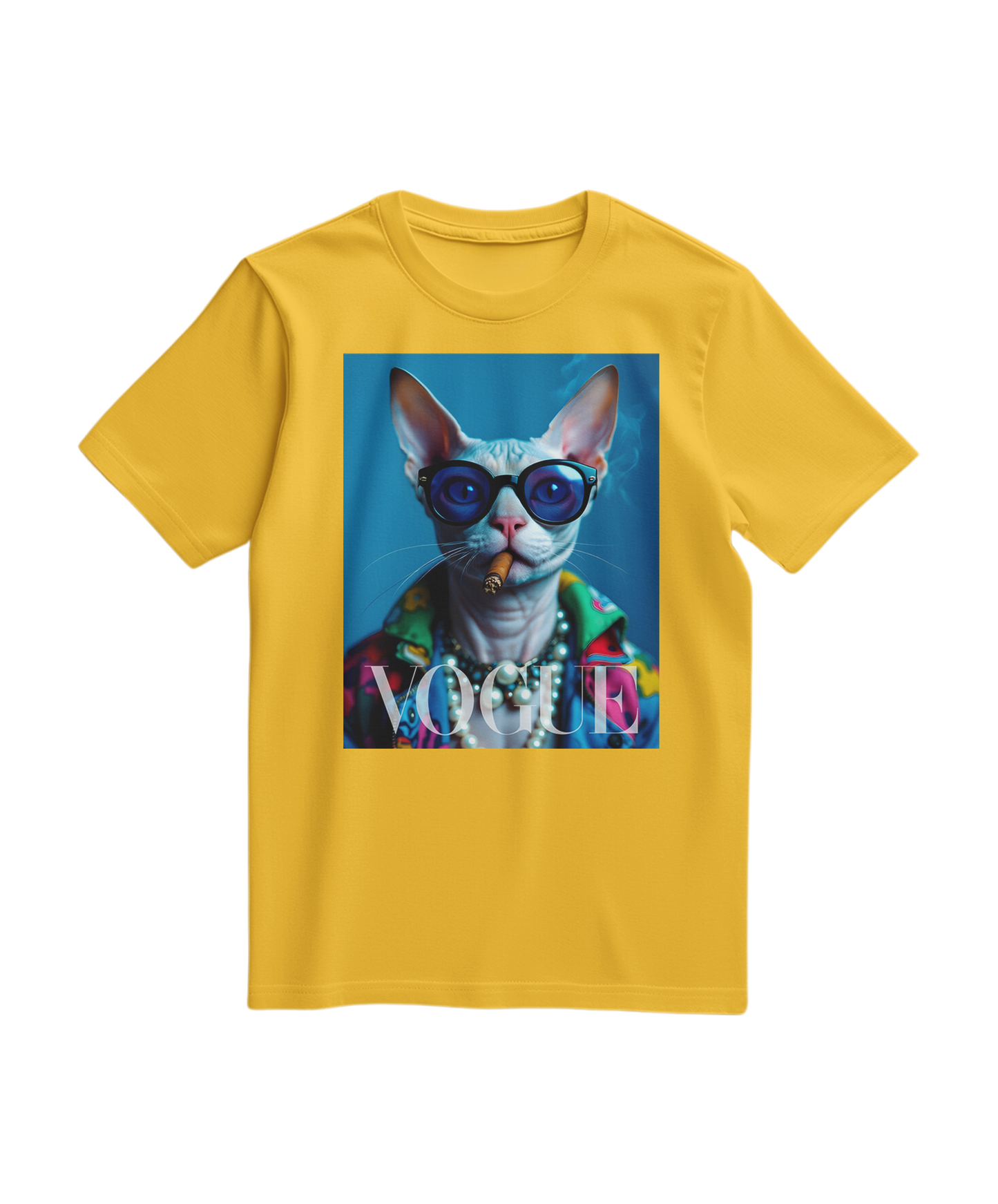 Camiseta amarelo Neo-Sphynx Studio, t-shirt de algodão com estampa moderna, modelo casual, na imagem.