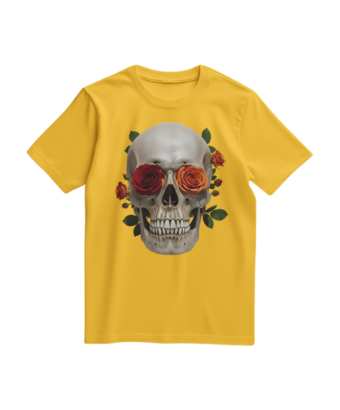 Camiseta Skull Rose amarela da Camalestore com estampa de caveira e rosas, estilo casual e moderno.