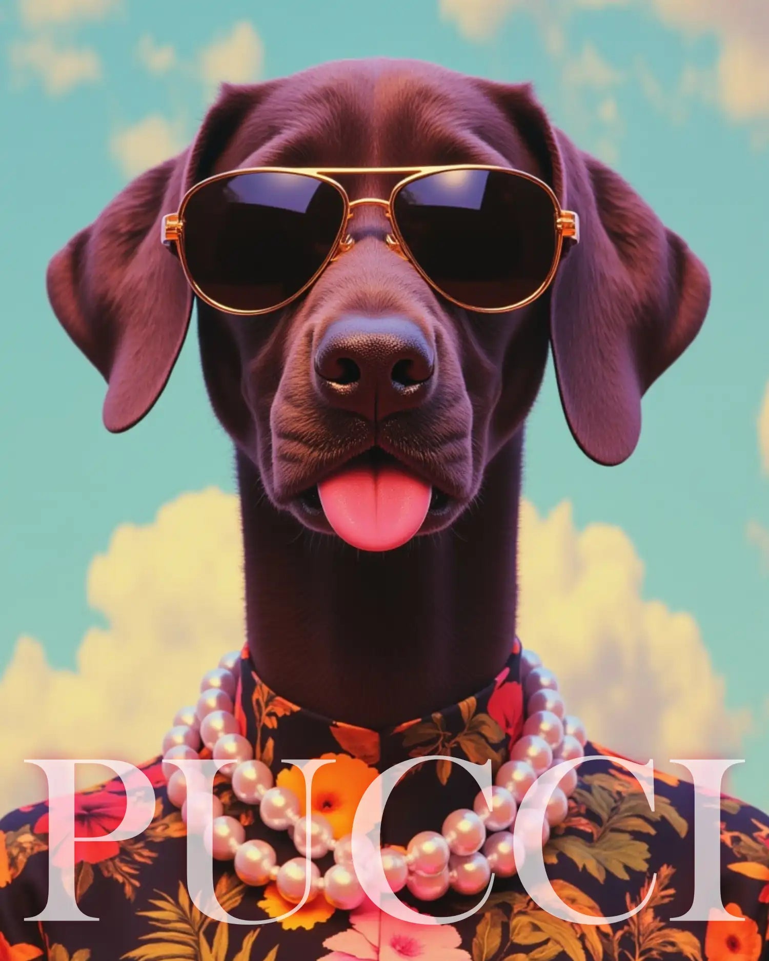 T-shirt Tropical Pooch da Camalestore com estampa de cão tropical, cor vibrante e tecido confortável para uso casual.