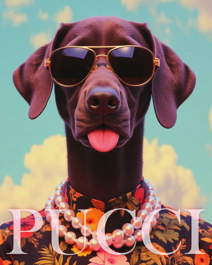 T-shirt Tropical Pooch da Camalestore com estampa de cão tropical, cor vibrante e tecido confortável para uso casual.