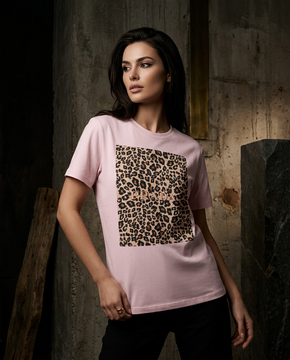 Camiseta Leopard Blush da Camalestore, modelo usando a T-shirt com estampa de leopardo em fundo neutro, iluminação cinematográfica.