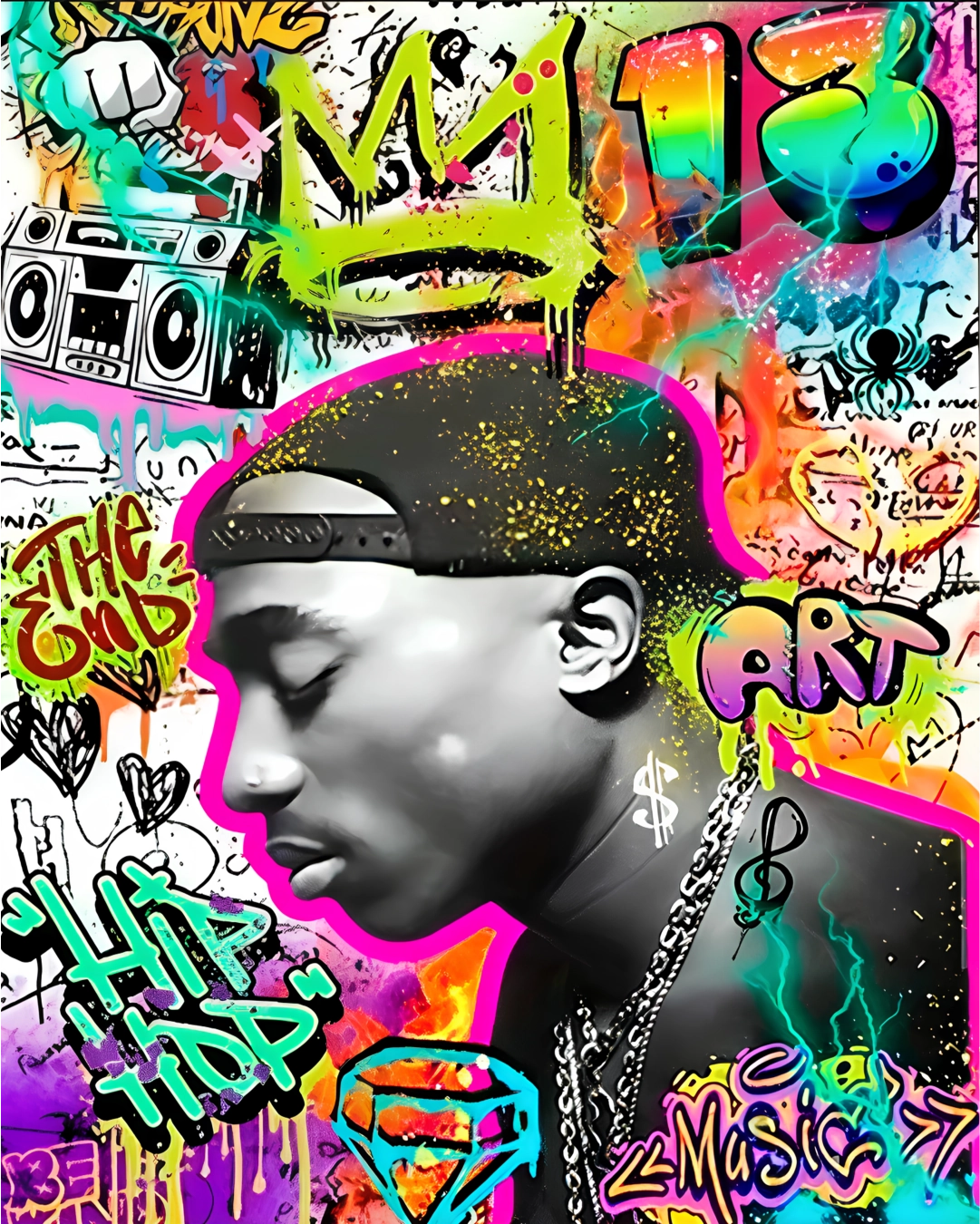 Camalestore camiseta T-shirt graffiti com desenho de coroa, estilo urbano e moderno, em cores vibrantes e tecido confortável.