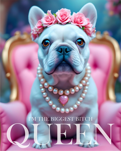 Camiseta Frenchie Queen da Camalestore, camiseta de algodão com estampa de um cachorro French Bulldog com coroa dourada.