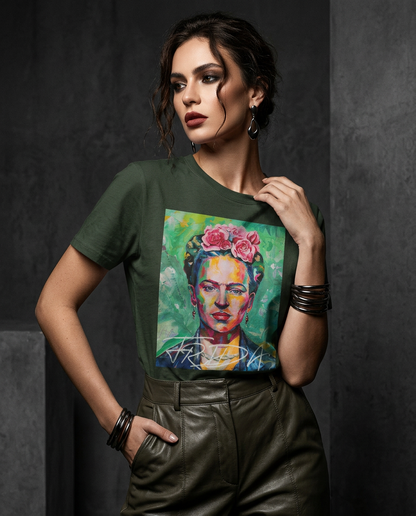 Camaleestore T-shirt Kahlo Chromatic com modelo morena posando, iluminação cinematográfica e composição assimétrica.
