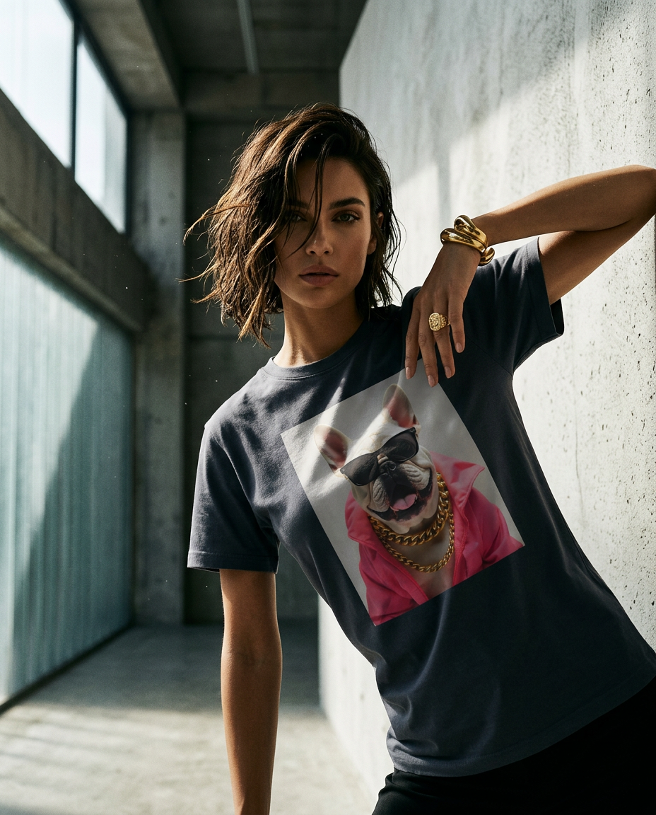 Camiseta Bulldog Azure Pop da Camalestore usada por modelo feminina com cabelo castanho, iluminação cinematográfica e composição assimétrica