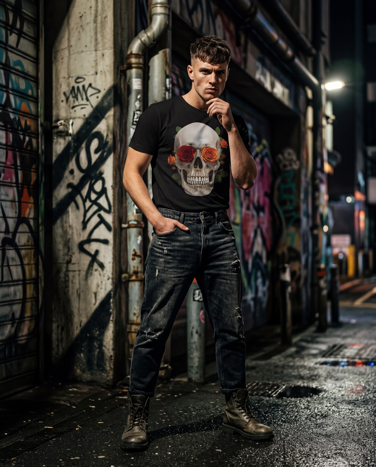 Camiseta Skull Rose da Camalestore, modelo posando com iluminação cinematográfica e composição assimétrica.
