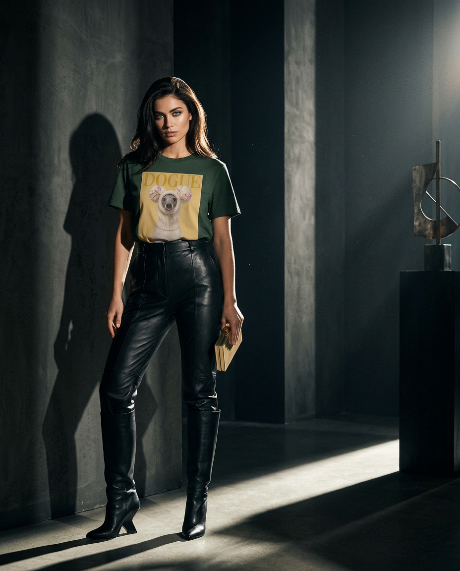 Camalestore T-shirt Dogue Balaclava com modelo feminina usando a camiseta, iluminação cinematográfica e silhueta forte.