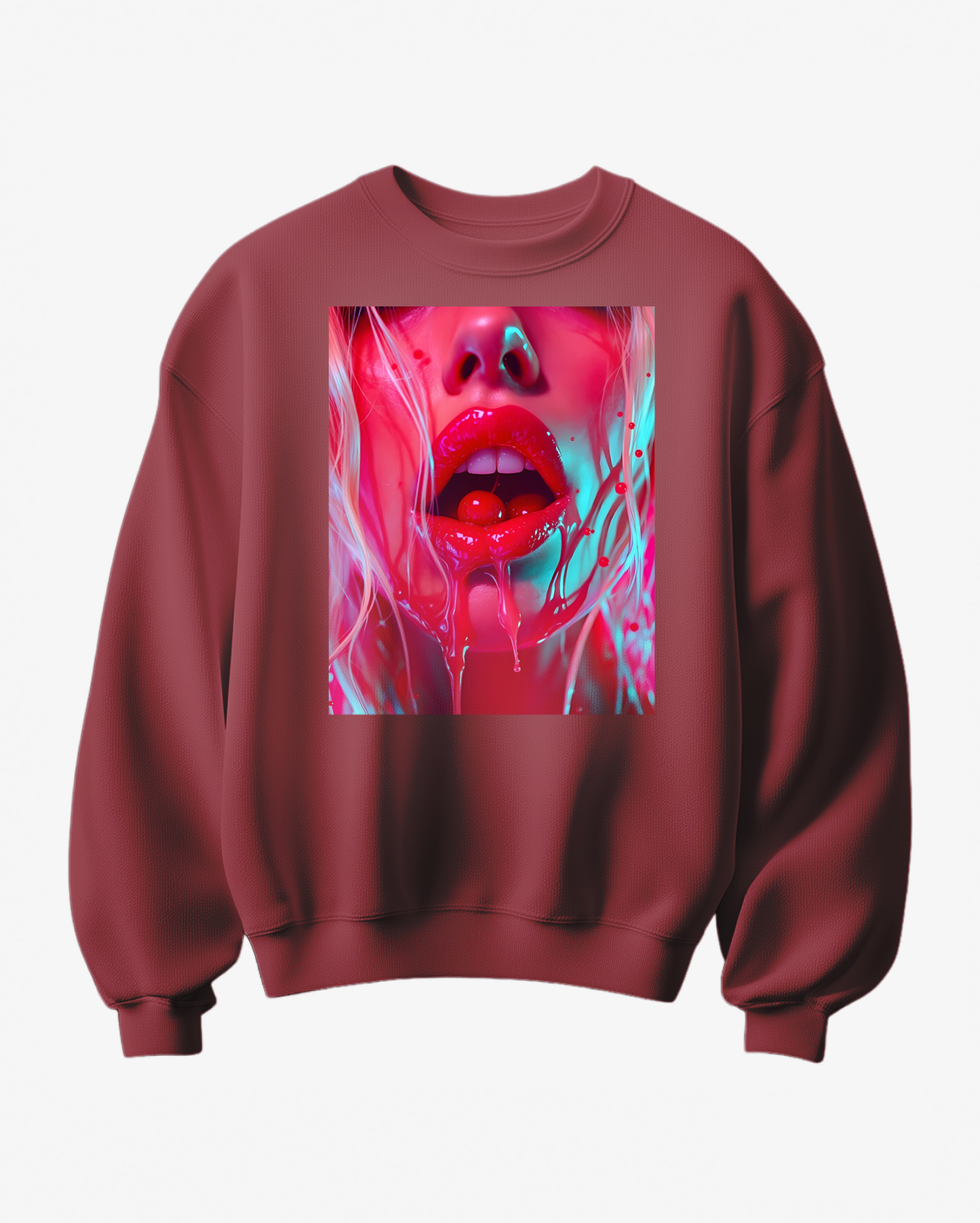 Sweatshirt Cherry Gloss da Camalestore, com padrão de cereja brilhante, tecido confortável, manga longa e capuz ajustável.