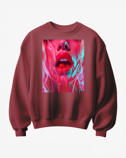 Sweatshirt Cherry Gloss da Camalestore, com padrão de cereja brilhante, tecido confortável, manga longa e capuz ajustável.