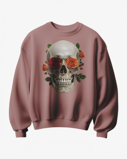 Sweatshirt Camalestore com estampa de caveira e rosas, em tecido confortável, em cores vibrantes e detalhes de design modernos.