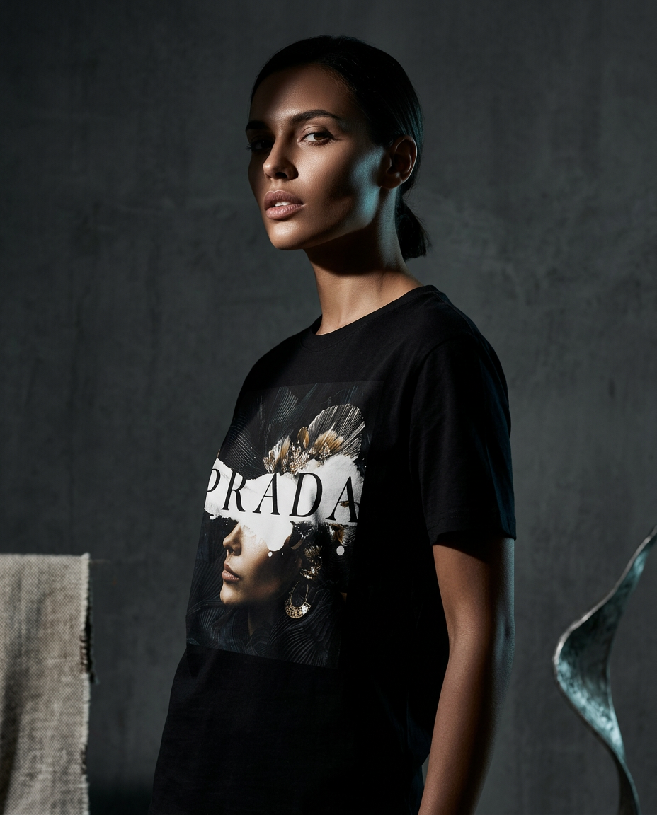 Camiseta Shadow Muse da Camalestore, modelo com silhueta forte e iluminação cinematográfica, pose para foto de ensaio.