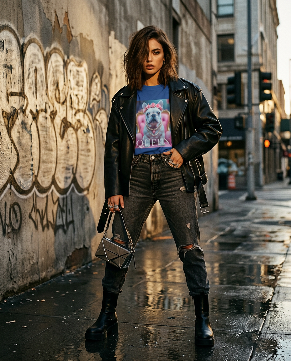 Camiseta Frenchie Queen da Camalestore, modelo usando a camiseta com silhueta forte e iluminação cinematográfica.