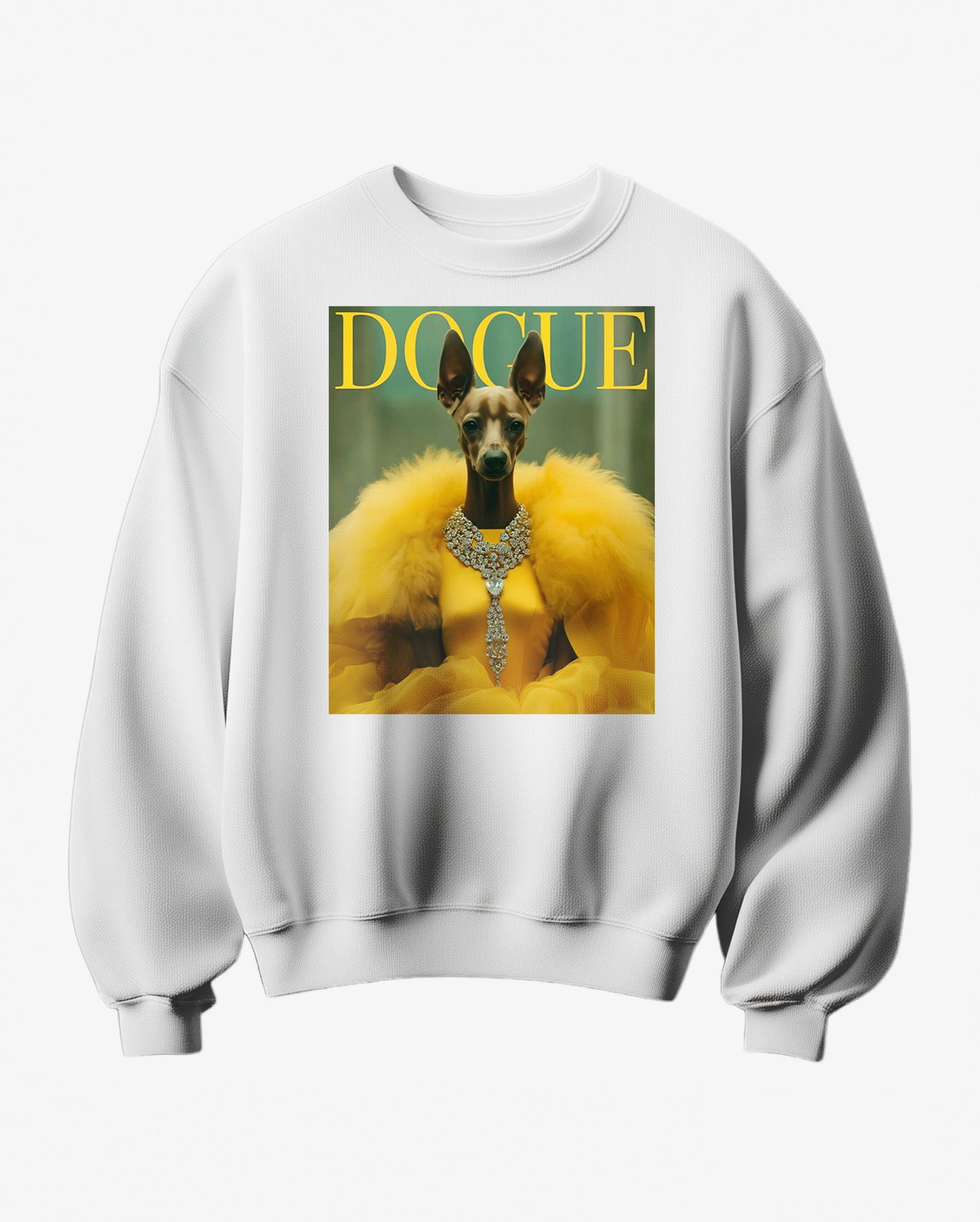 Sweatshirt amarelo Dogue Edition da Camalestore, confortável e confortável para cães, com detalhes do design na frente.
