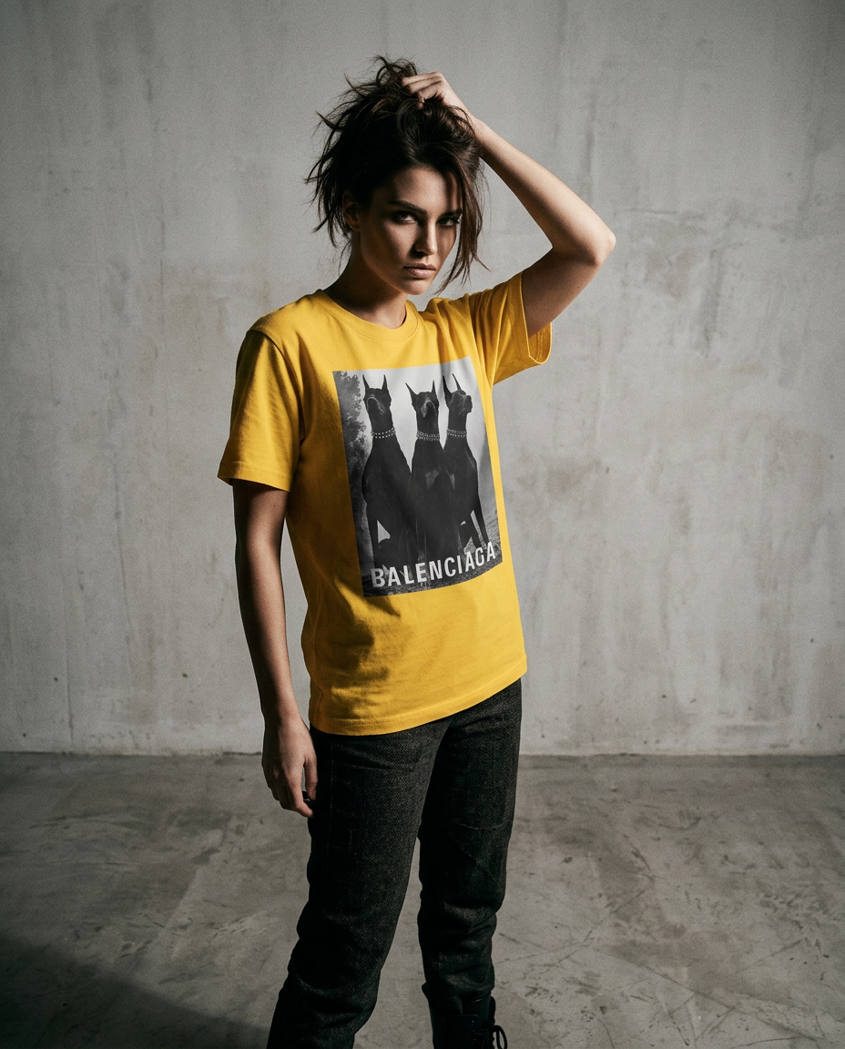 Camiseta Sentinel Vanguard Noir da Camalestore em fundo de estúdio, modelo feminino com silhueta marcante e iluminação cinematográfica