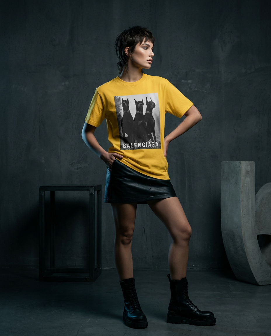 Camalestore T-shirt Sentinel Vanguard Noir, modelo feminino com silhueta forte, iluminação cinematográfica e composição assimétrica.