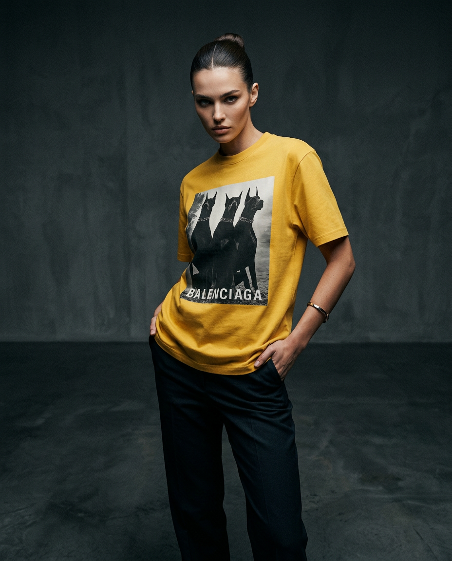 Camalestore T-shirt Sentinel Vanguard Noir, modelo feminino usando camiseta preta em ensaio com iluminação cinematográfica.