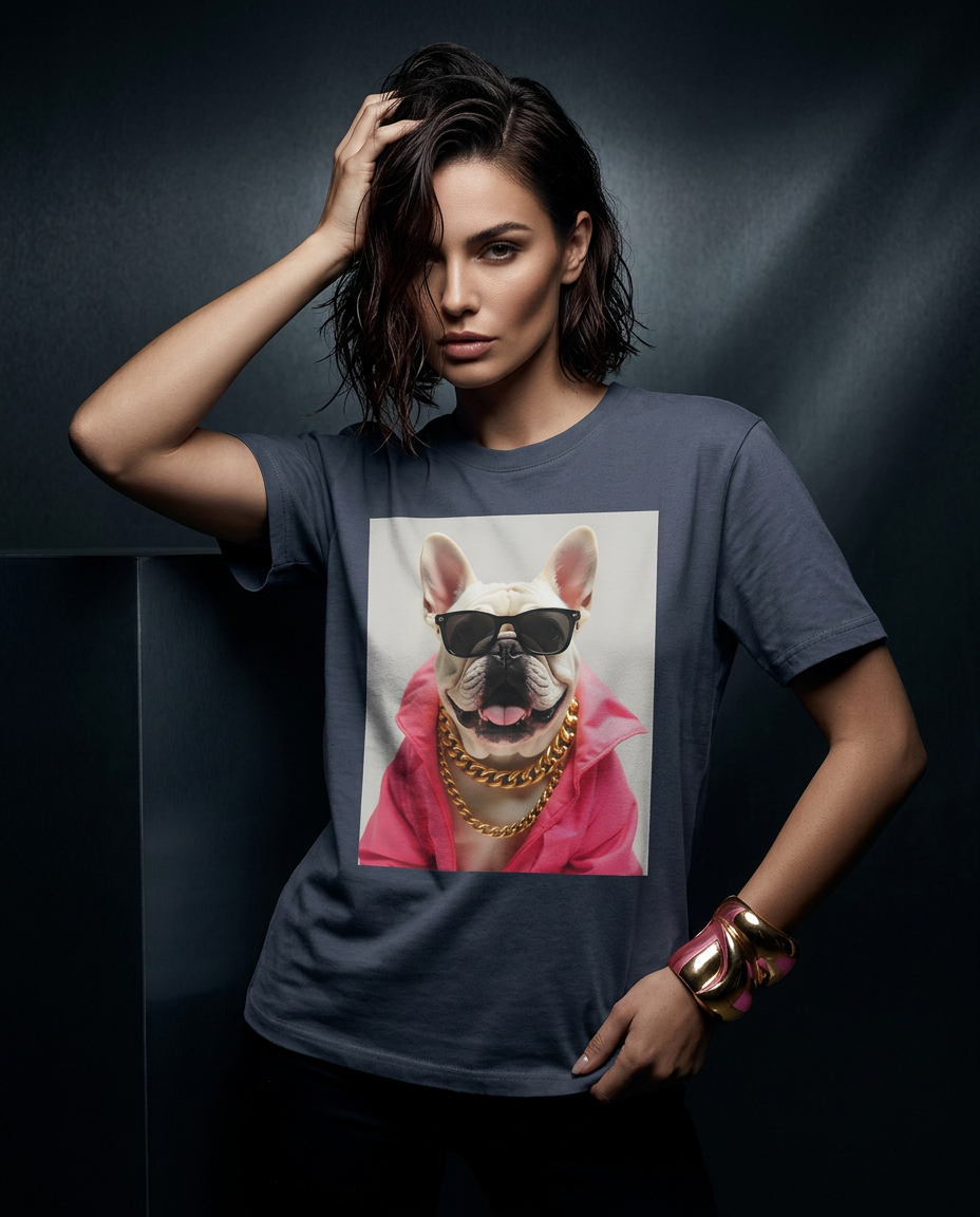 Camiseta Bulldog Azure Pop da Camalestore, com silhueta forte e iluminação cinematográfica, vista em composição assimétrica.