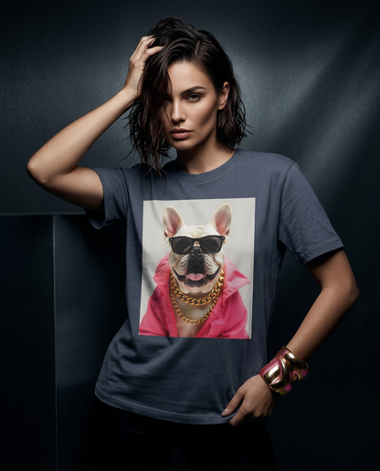 Camiseta Bulldog Azure Pop da Camalestore, com silhueta forte e iluminação cinematográfica, vista em composição assimétrica.