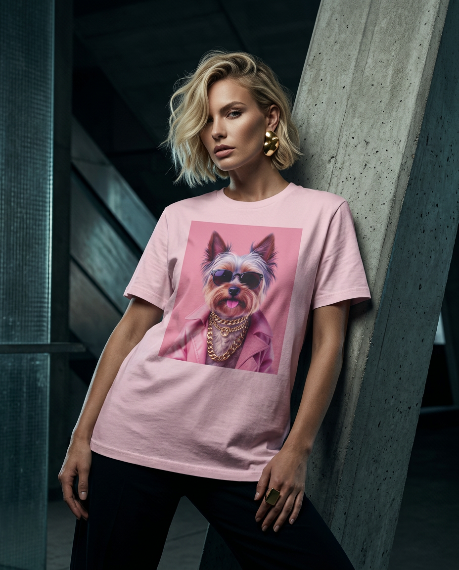 Camiseta Camalestore Yorkie Street Icon, modelo vestindo, com silhueta forte e iluminação cinematográfica, fotografia assimétrica.