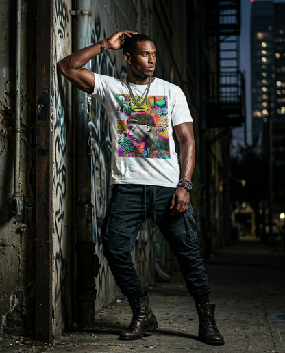 Camiseta Graffiti Crown da Camalestore, modelo masculino com silhueta forte e iluminação cinematográfica, pose moderna.