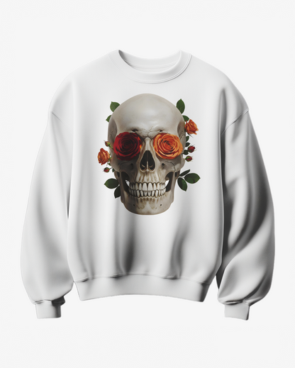 Sweatshirt Camalestore Skull Rose com padrão de caveira e rosas, em tecido confortável e de estilo urbano.