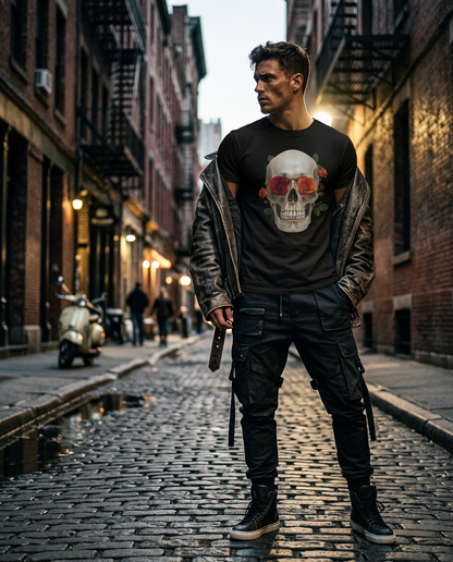 Camalestore camiseta Skull Rose com estampa de caveira e rosa, modelo de manga curta, com iluminação cinematográfica e composição assimétrica.
