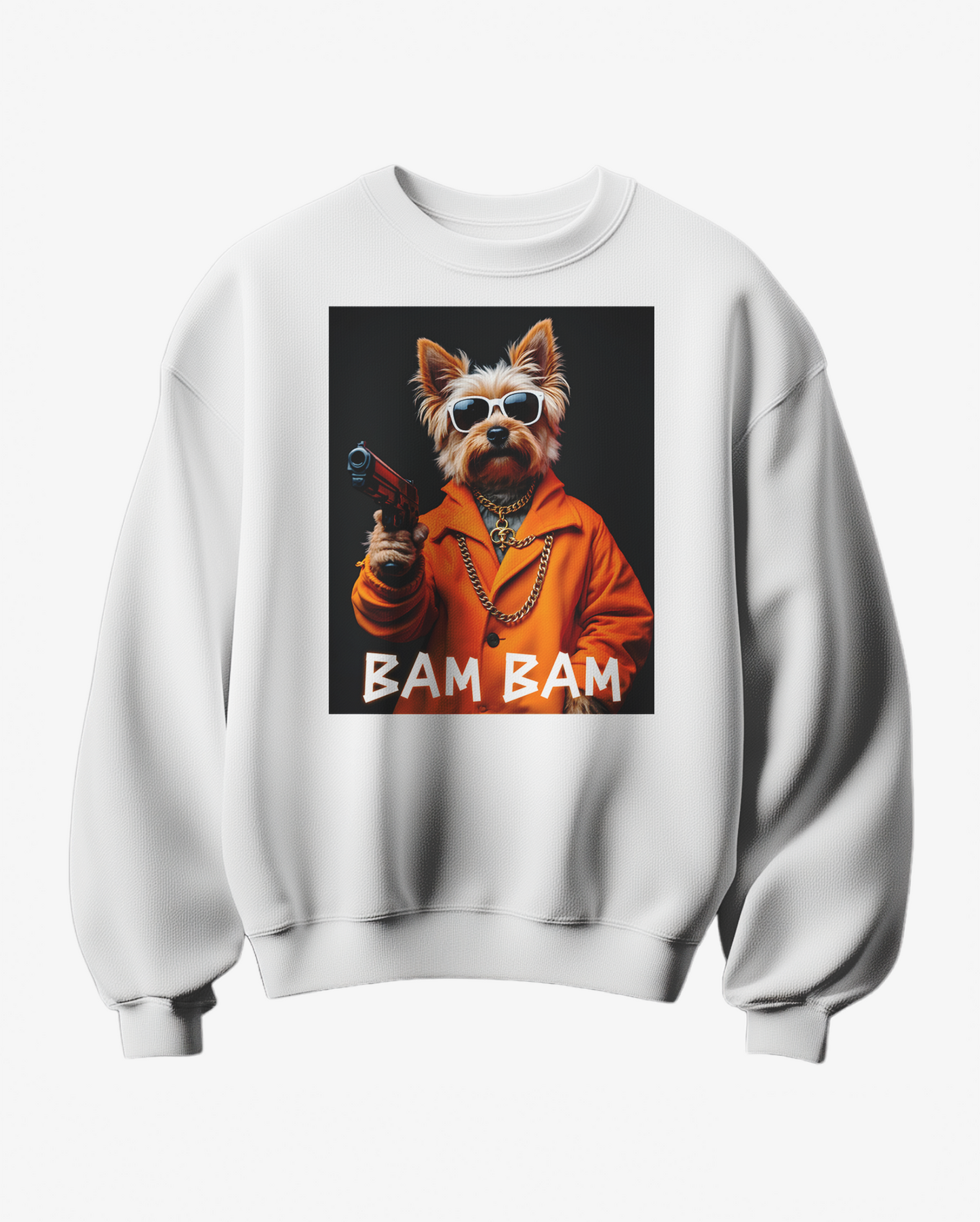 Sweatshirt Camalestore Bam Bam com design gráfico, cinza, de manga longa e tecido confortável para uso casual.