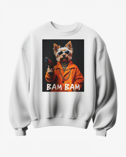 Sweatshirt Camalestore Bam Bam com design gráfico, cinza, de manga longa e tecido confortável para uso casual.